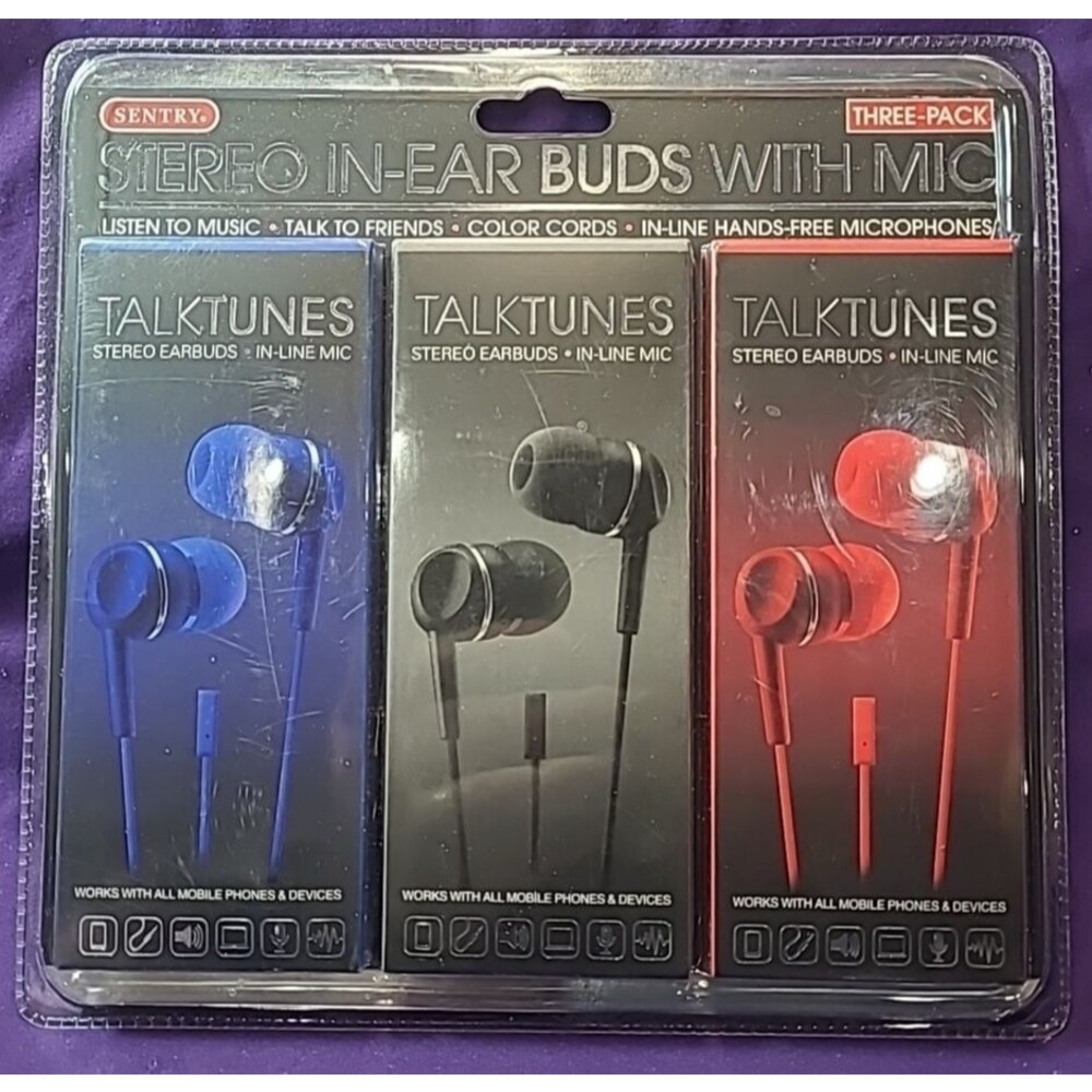 Sentry 3 Pack Flat-Cord Tangle Free Earbuds W/Mic - Red Gray Blue - HM115PK New